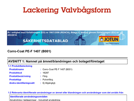 Säkerhetsdatablad Lackering Valvbågsform