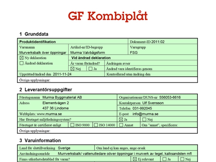 Byggvarudeklaration GF Kombiplåt